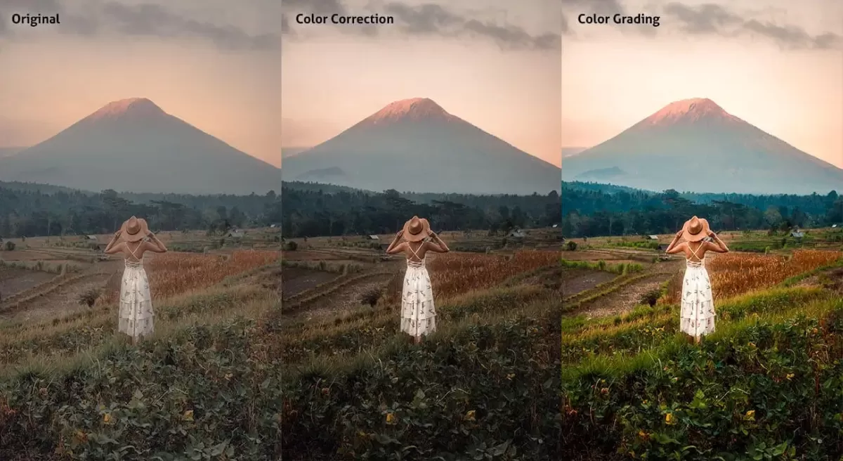 Original footage, color correction and color grading comparison