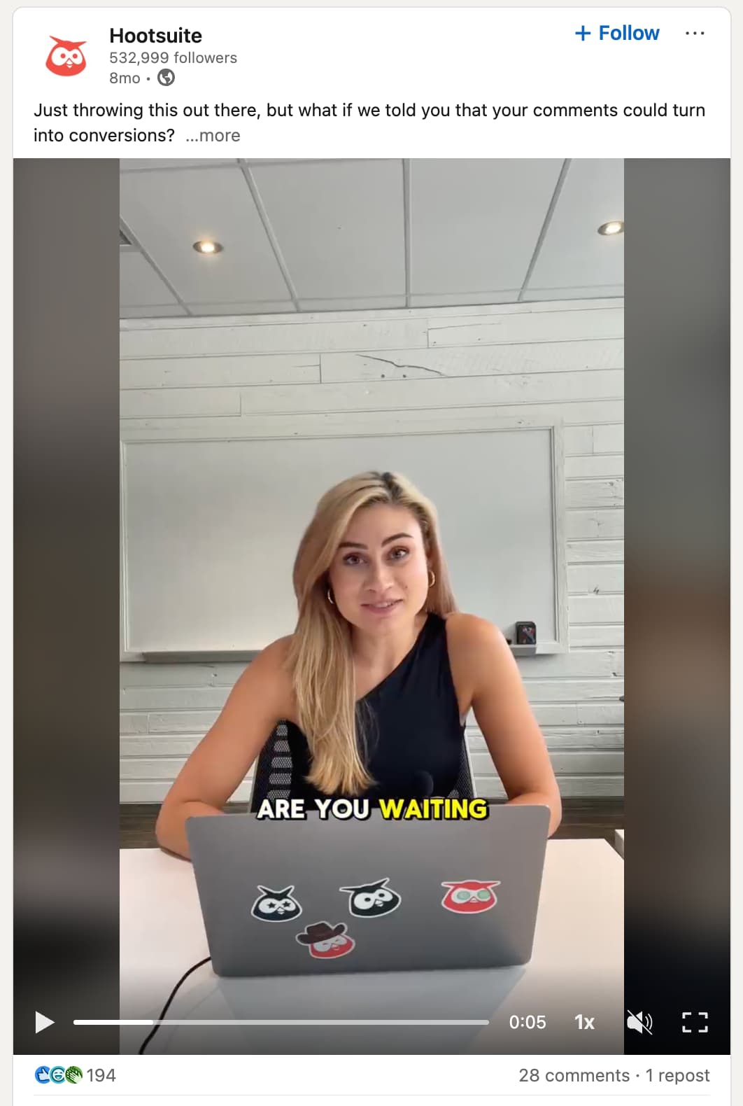 Video on Hootsuite's LinkedIn company page feed