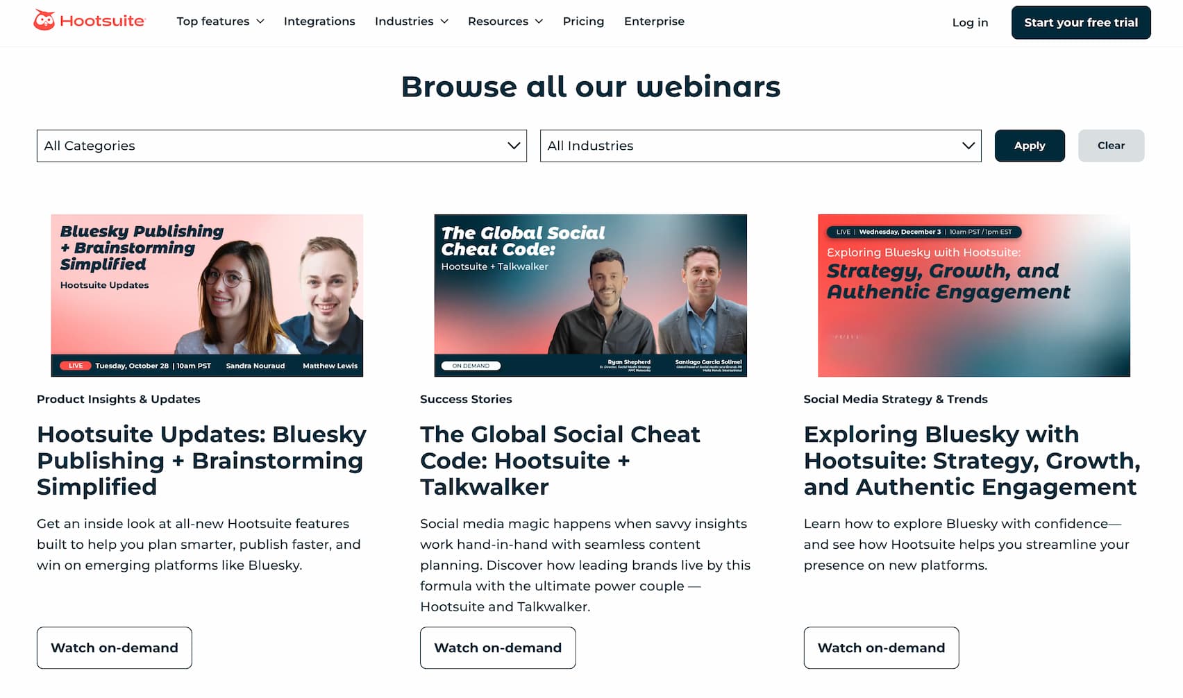 Webinars directory on Hootsuite's website