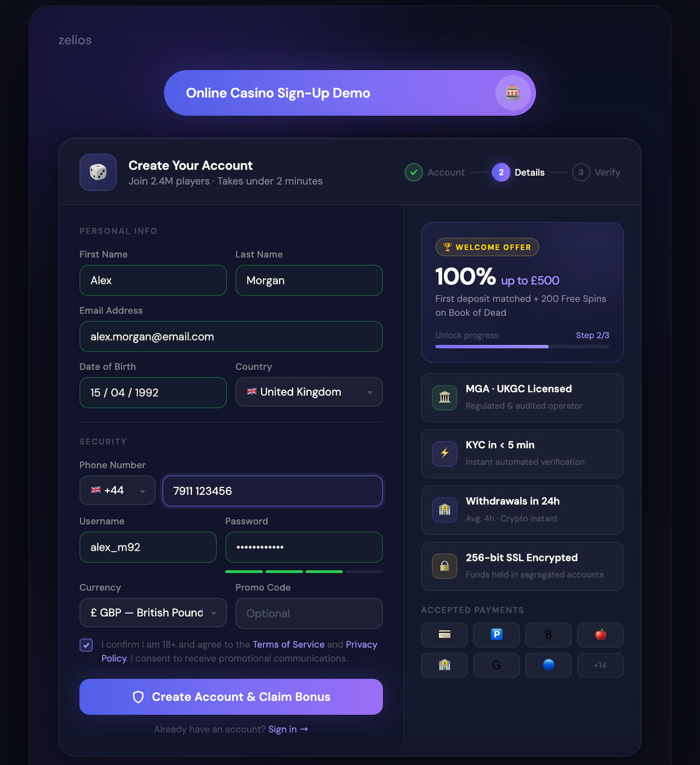 Online casino sign-up demo example