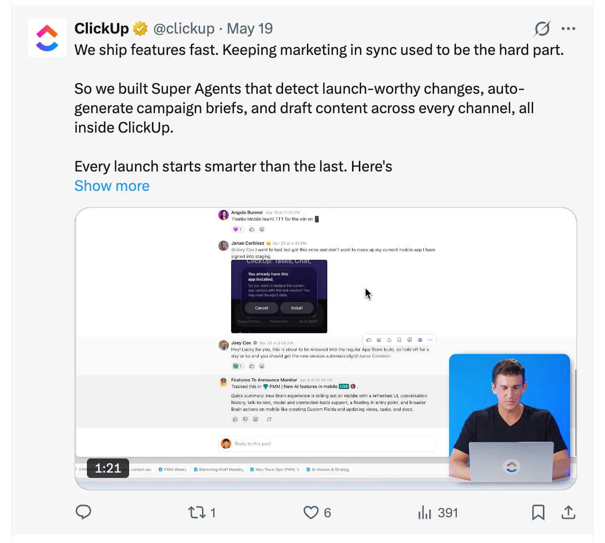 What types of video ClickUp use on X