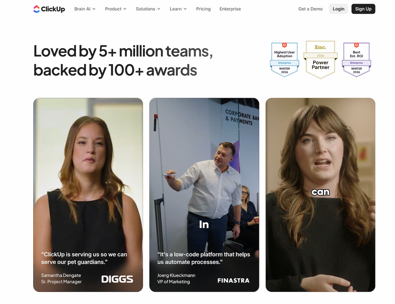 Customer testimonial videos on ClickUp's official website