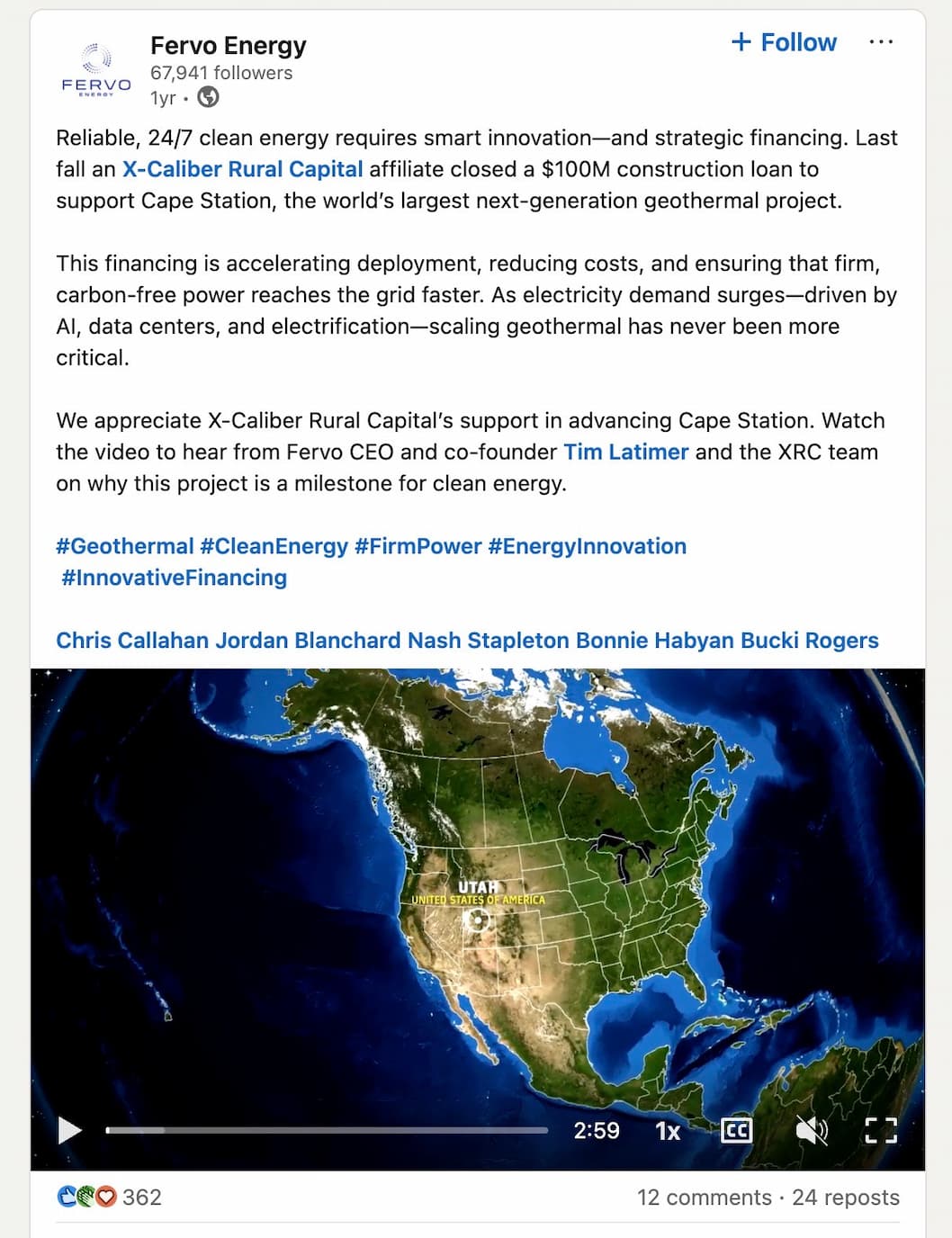 Fervo Energy video posted in LinkedIn feed